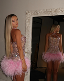 Trendy Sheath Halter Pink Beads Feathers Sequin Mini Short Formal 8th Grade Homecoming Dresses Middle School Short Prom Dress Hoco Outfits HZ1121