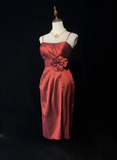 Trendy Sheath Spaghetti Straps Rust Red Knee Length Formal 8th Grade Homecoming Dresses Middle School Cocktail Dress Hoco Outfits HZ1121