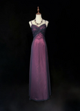 Elegant A line Spaghetti Straps Grape Tulle Long Prom Dresses Party Dress Summer 20th Birthday Outfits 18th Birthday Dresses HZ1121