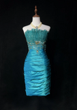 Vintage Sheath Strapless Blue Satin Knee Length Formal 8th Grade Homecoming Dresses Middle School Cocktail Dress Hoco Outfits HZ1121