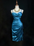 Trendy Sheath Spaghetti Straps Blue Knee Length Formal 8th Grade Homecoming Dresses Middle School Cocktail Dress Hoco Outfits HZ1121