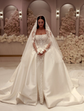 Beautiful Ball Gown Sweetheart Sleeveless White Satin Pleated White Pearls Beads Wedding Dress Modest Wedding Dresses Princess Wedding Gowns HZ1121