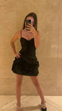 Cute A line Spaghetti Straps Little Black Dress Short Formal 8th Grade Homecoming Dresses Summer Middle School Hoco Dress Homecoming Outfits HZ1121