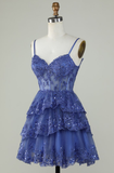 Unique A line Spaghetti Straps Blue Lace Short Mini Formal 7th Grade Homecoming Dresses Middle School Short Cocktail Night Dress Hoco Outfits HZ1121