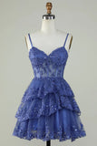 Unique A line Spaghetti Straps Blue Lace Short Mini Formal 7th Grade Homecoming Dresses Middle School Short Cocktail Night Dress Hoco Outfits HZ1121