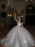 Unique Bridal Dress Ball Gown Scoop White Sequin Long Wedding Dresses Luxury Bride Dress Bridal Gowns HZ1121