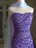 Sexy Mermaid Sweetheart Grape Sequin Long Prom Dresses Party Dress 20th Birthday Outfits Graduation Dresses HZ1121