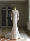 Luxury Mermaid V Neck Long Sleeves Lace White Wedding Dress Modest Wedding Dresses Princess Wedding Gowns HZ1121