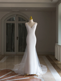 Simple Mermaid V Neck Satin White Wedding Dress Modest Wedding Dresses Princess Wedding Gowns HZ1121