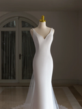 Simple Mermaid V Neck Satin White Wedding Dress Modest Wedding Dresses Princess Wedding Gowns HZ1121