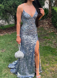 Elegant Sheath Spaghetti Straps Sequin Slit Prom Dresses Party Dress Summer 22th Birthday Outfits 18th Birthday Dresses HZ1121