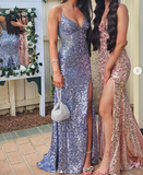 Elegant Sheath Spaghetti Straps Sequin Slit Prom Dresses Party Dress Summer 22th Birthday Outfits 18th Birthday Dresses HZ1121