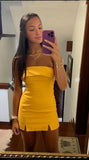 Cute Sheath Strapless Yellow Satin Formal 8th Grade Homecoming Dresses Summer Middle School Hoco Dress Homecoming Outfits HZ1121