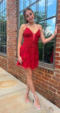 Modest A line Spaghetti Straps Red Lace Mini Short Formal 8th Grade Homecoming Dresses Middle School Semi Formal Hoco Dress Cocktail Outfits HZ1121