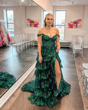 Elegant A Line Off The Shoulder Green Lace Slit Long Prom Dresses Party Dress Summer 22th Birthday Outfits 18th Birthday Dresses HZ1121