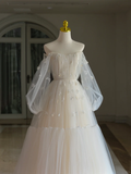 Princess Bridal Dress Ball Gown Off The Shoulder Lace Tulle Wedding Dress With Long Sleeves Wedding Dresses Modest Wedding Gowns HZ1121