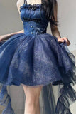 Cute French Style Ladies Fairy High Low Spaghetti Straps Tulle Navy Blue Gotica Formal 8th Grade Homecoming Dresses Lolita Dress Hoco Outfits Lolita Outfits HZ1121