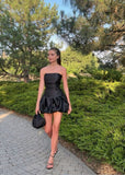 Modest A line Strapless Satin Black Mini Short Formal 8th Grade Homecoming Dresses Middle School Semi Formal Hoco Dress Cocktail Outfits HZ1121