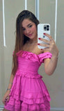 Cute A Line Off The Shoulder Ruffles Pink Short Mini Formal 8th Grade Homecoming Dresses Middle School Cocktail Dress Hoco Outfits HZ1121