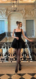 Modest A line Square Neck Black Satin Mini Short Formal 8th Grade Homecoming Dresses Middle School Semi Formal Hoco Dress Cocktail Outfits HZ1121