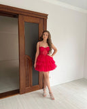 Modest A line Spaghetti Straps Red Tulle Mini Short Formal 8th Grade Homecoming Dresses Middle School Semi Formal Hoco Dress Cocktail Outfits HZ1121