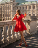 Modest Ball Gown V Neck Tulle Red Short Mini Formal 8th Grade Homecoming Dresses Middle School Semi Formal Hoco Dress Cocktail Outfits HZ1121