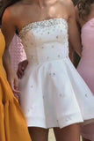 Classy A Line Strapless White Satin Formal 8th Grade Homecoming Dresses Middle School Hoco Dress Birthday Dress Mini Hoco Outfits HZ1121