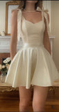 Modest A line Spaghetti Straps Ivory Satin Short Formal 8th Grade Homecoming Dresses Middle School Semi Mini Formal Hoco Dress Hoco Court Dresses HZ1121