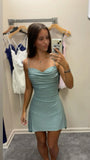 Modest A line Spaghetti Straps Blue Sequin Short Formal 8th Grade Homecoming Dresses Middle School Semi Mini Formal Hoco Dress Hoco Court Dresses HZ1121