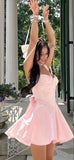 Classic Hoco Dresses A line Straps Pink Short Satin Mini Formal 8th Grade Homecoming Dresses Middle School 18th Birthday Outfits Hoco Outfit HZ1121