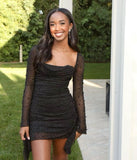 Classy Sheath Square Neck Tight Short Mini Formal 8th Grade Black Pearls Homecoming Dresses Middle School Hoco Court Dress Birthday Dress Hoco Outfits HZ1121