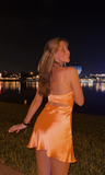 Modest A line Spaghetti Straps Orange Satin Short Formal 8th Grade Homecoming Dresses Middle School Semi Mini Formal Hoco Dress Backless Cocktail Outfits HZ1121
