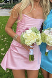 Classy A line Strapless Pink Satin Short Mini Formal 8th Grade Homecoming Dresses Middle School Hoco Court Dress 16th Birthday Dress Hoco Outfits HZ1121