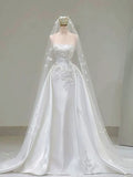 Vintage Mermaid Strapless Satin White Wedding Dress Modest Wedding Dresses Princess Wedding Gowns HZ1121