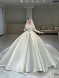 Princess Bridal Dress Ball Gown Off The Shoulder White Long Sleeves Wedding Dress Ruffles Satin Wedding Dresses Modest Wedding Gowns HZ1121