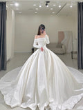 Princess Bridal Dress Ball Gown Off The Shoulder White Long Sleeves Wedding Dress Satin Wedding Dresses Modest Wedding Gowns HZ1121