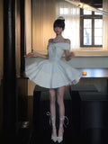 Classy A Line Off The Shoulder White Lace Satin Short Mini Formal 8th Grade Homecoming Dresses Middle School Hoco Court Dress 16th Birthday Dress Hoco Outfits HZ1121
