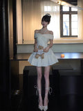 Classy A Line Off The Shoulder White Lace Satin Short Mini Formal 8th Grade Homecoming Dresses Middle School Hoco Court Dress 16th Birthday Dress Hoco Outfits HZ1121