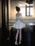 Classy A Line Off The Shoulder White Lace Satin Short Mini Formal 8th Grade Homecoming Dresses Middle School Hoco Court Dress 16th Birthday Dress Hoco Outfits HZ1121