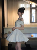 Classy A Line Off The Shoulder White Lace Satin Short Mini Formal 8th Grade Homecoming Dresses Middle School Hoco Court Dress 16th Birthday Dress Hoco Outfits HZ1121