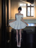 Classy A Line Off The Shoulder White Lace Satin Short Mini Formal 8th Grade Homecoming Dresses Middle School Hoco Court Dress 16th Birthday Dress Hoco Outfits HZ1121