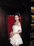 Classy A Line Off The Shoulder White Lace Satin Short Mini Formal 8th Grade Homecoming Dresses Middle School Hoco Court Dress 16th Birthday Dress Hoco Outfits HZ1121