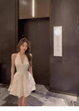 Classy A Line Halter White Lace Satin Short Mini Formal 8th Grade Homecoming Dresses Middle School Hoco Court Dress 16th Birthday Dress Hoco Outfits HZ1121