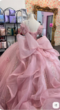 Princess Ball Gown Off The Shoulder Straps Pink Tulle Long Quinceanera Dress Formal Gowns Vestido De 15 Anos Sweet 16 Dress HZ1121