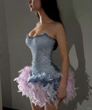 Trendy Sheath Sweetheart Blue Beads Feathers Sequin Mini Short Formal 8th Grade Homecoming Dresses Middle School Short Prom Dress Hoco Outfits HZ1121