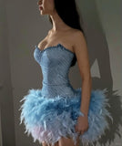Trendy Sheath Sweetheart Blue Beads Feathers Sequin Mini Short Formal 8th Grade Homecoming Dresses Middle School Short Cocktail Dress Hoco Outfits HZ1121