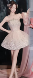 Sexy Ball Gown Scoop Neck Champagne Beads Sequin Mini Short Formal 8th Grade Homecoming Dresses Middle School Short Cocktail Dress Hoco Outfits HZ1121