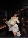 Classy Sheath Off The Shoulder White Satin Short Mini Formal 8th Grade Homecoming Dresses Middle School Hoco Court Dress 16th Birthday Dress Hoco Outfits HZ1121