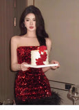 Classy Sheath Strapless Burgundy Sequin Feathers Short Mini Formal 8th Grade Homecoming Dresses Middle School Hoco Court Dress 16th Birthday Dress Hoco Outfits HZ1121