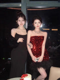 Classy Sheath Strapless Burgundy Sequin Feathers Short Mini Formal 8th Grade Homecoming Dresses Middle School Hoco Court Dress 16th Birthday Dress Hoco Outfits HZ1121
